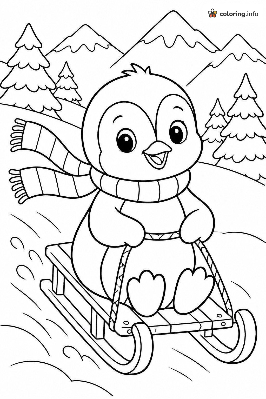 Scarf-Flying Penguin on a Wooden Sled Zooming Downhill coloring sheet Scarf-Flying Penguin on a Wooden Sled Zooming Downhill coloring sheet