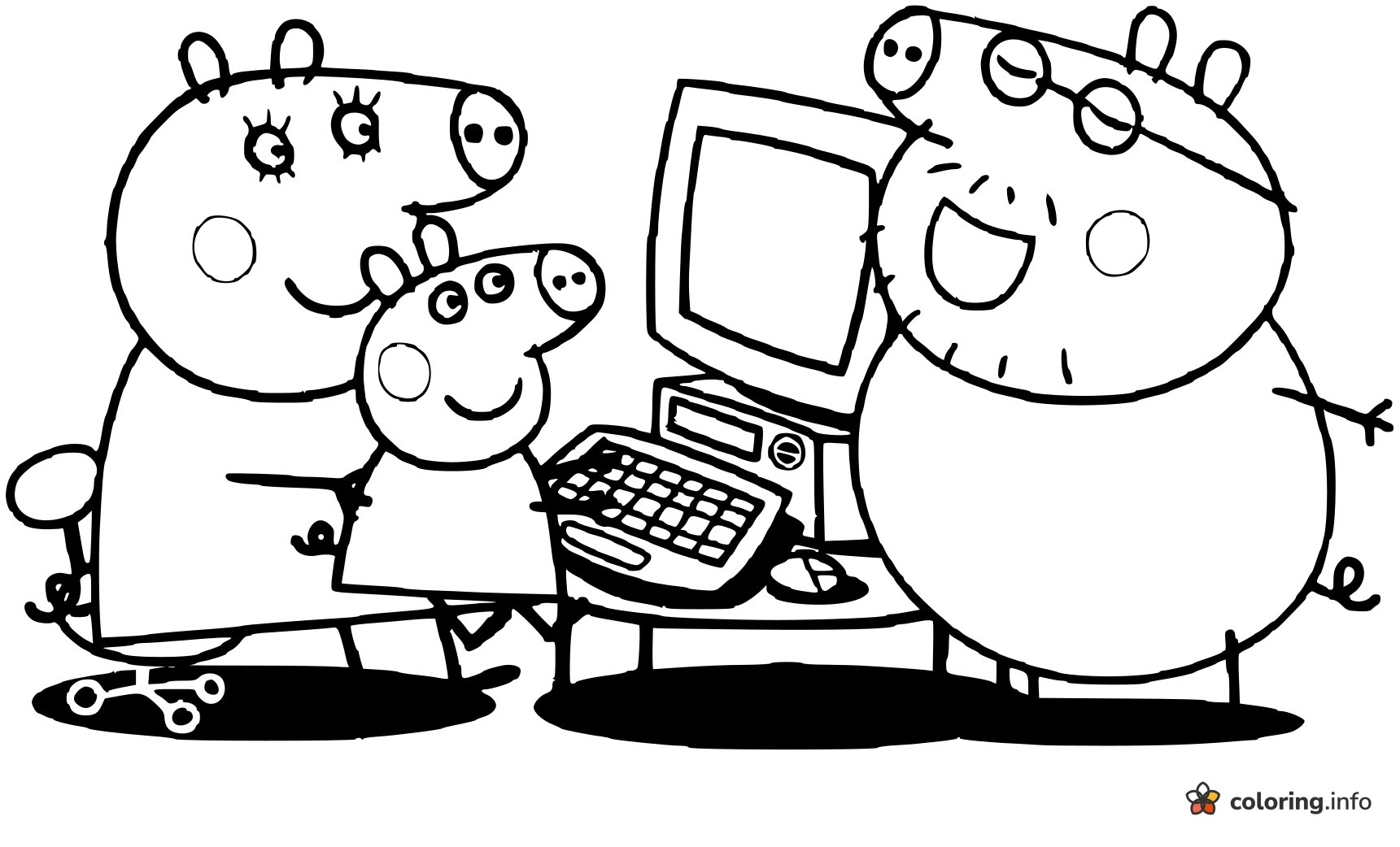 Peppa Pig Typing at the Desktop Computer with Mummy and Daddy coloring page Peppa Pig Typing at the Desktop Computer with Mummy and Daddy coloring page