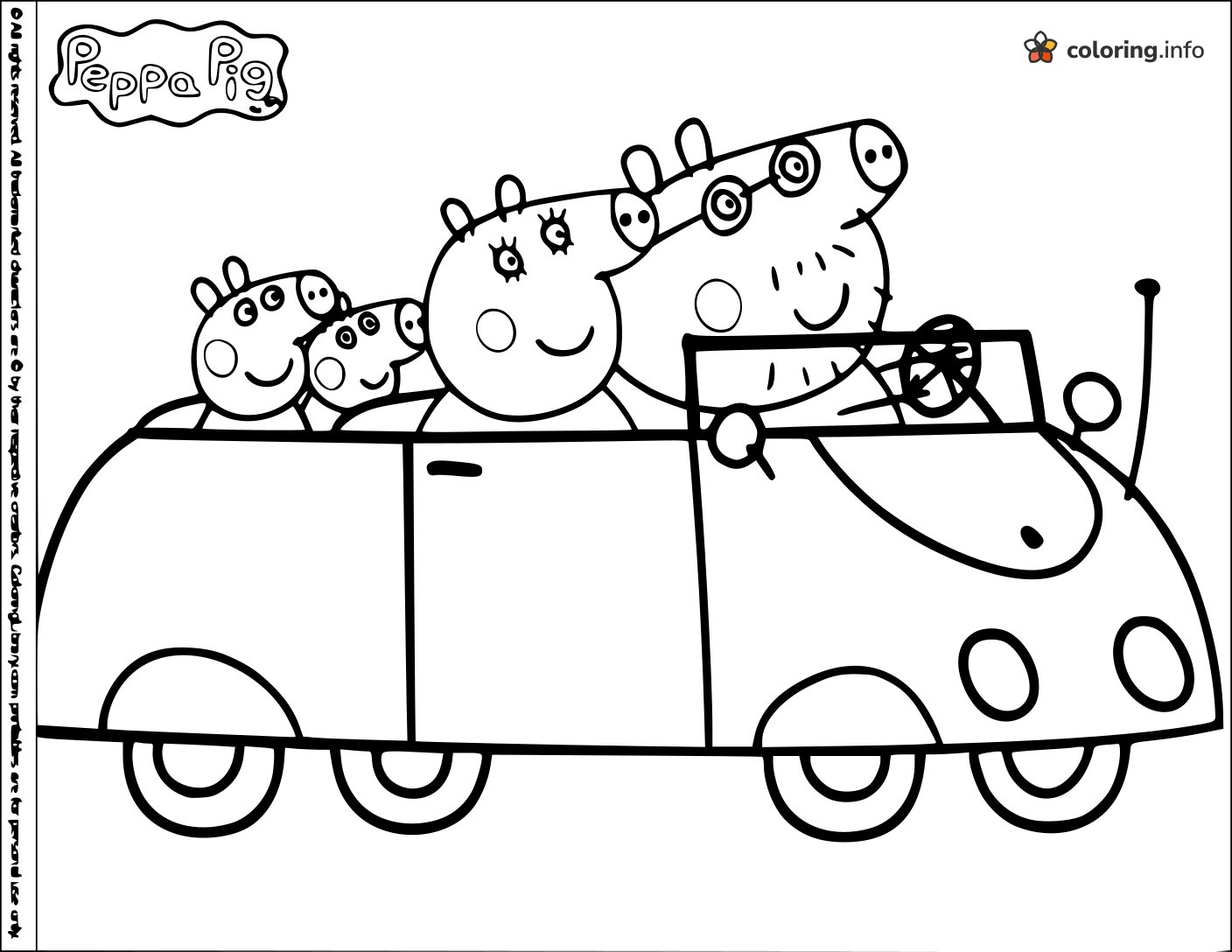 Daddy Pig Drives the Peppa Pig Family in a Convertible coloring sheet Daddy Pig Drives the Peppa Pig Family in a Convertible coloring sheet