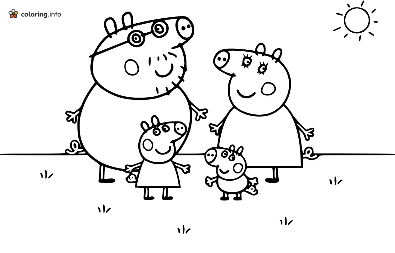 Peppa Pig and Her Family on a Grassy Hill coloring page Peppa Pig and Her Family on a Grassy Hill coloring page