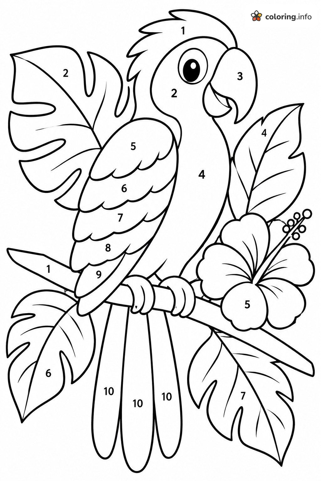 Parrot on a Branch with Hibiscus Color by Number coloring page Parrot on a Branch with Hibiscus Color by Number coloring page