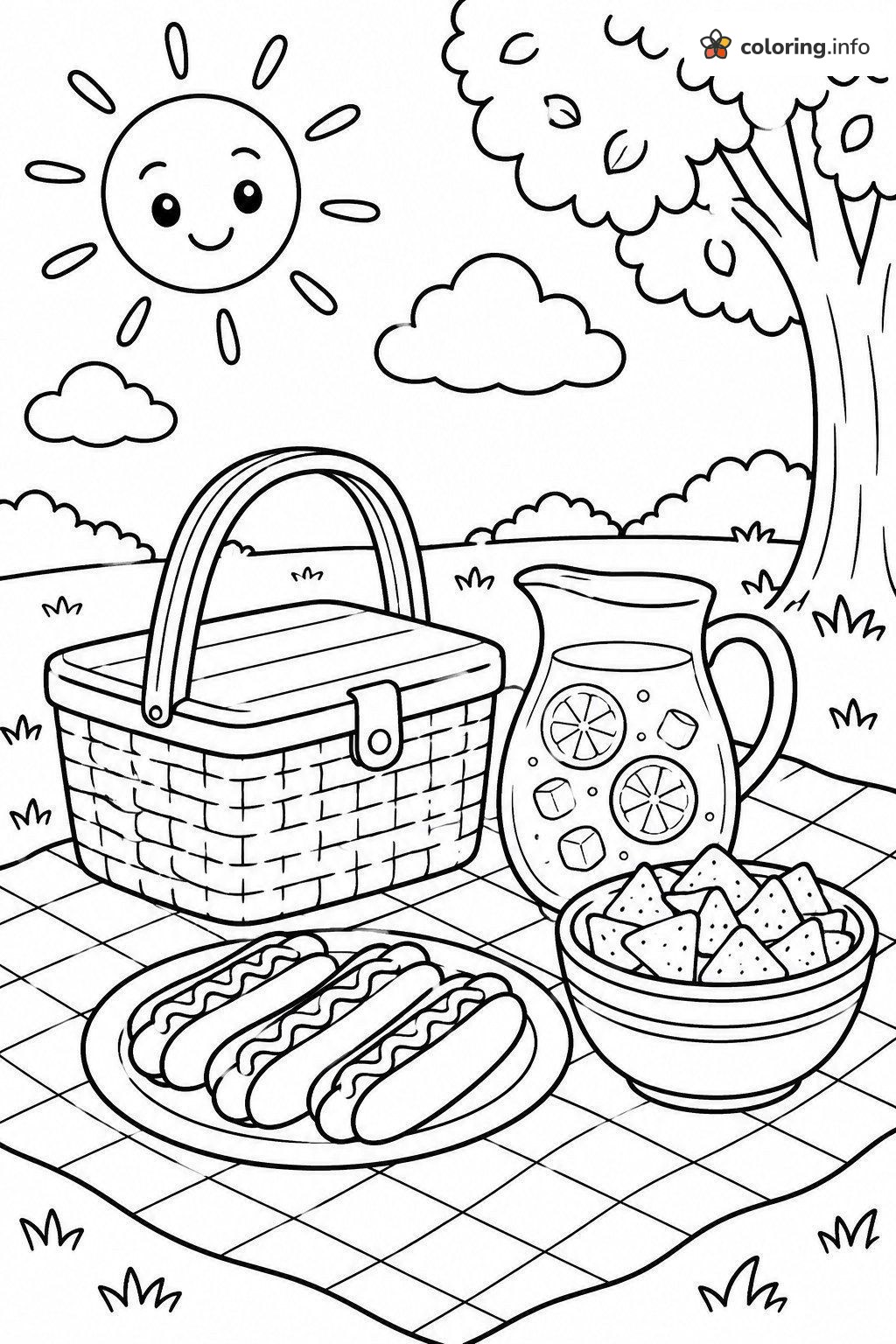 Hot Dog Picnic on a Checkered Blanket coloring sheet Hot Dog Picnic on a Checkered Blanket coloring sheet