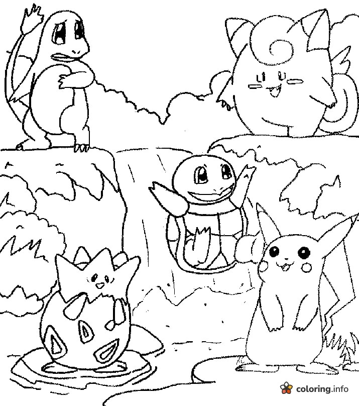Waterfall Gathering of Five Pokémon Friends coloring page Waterfall Gathering of Five Pokémon Friends coloring page