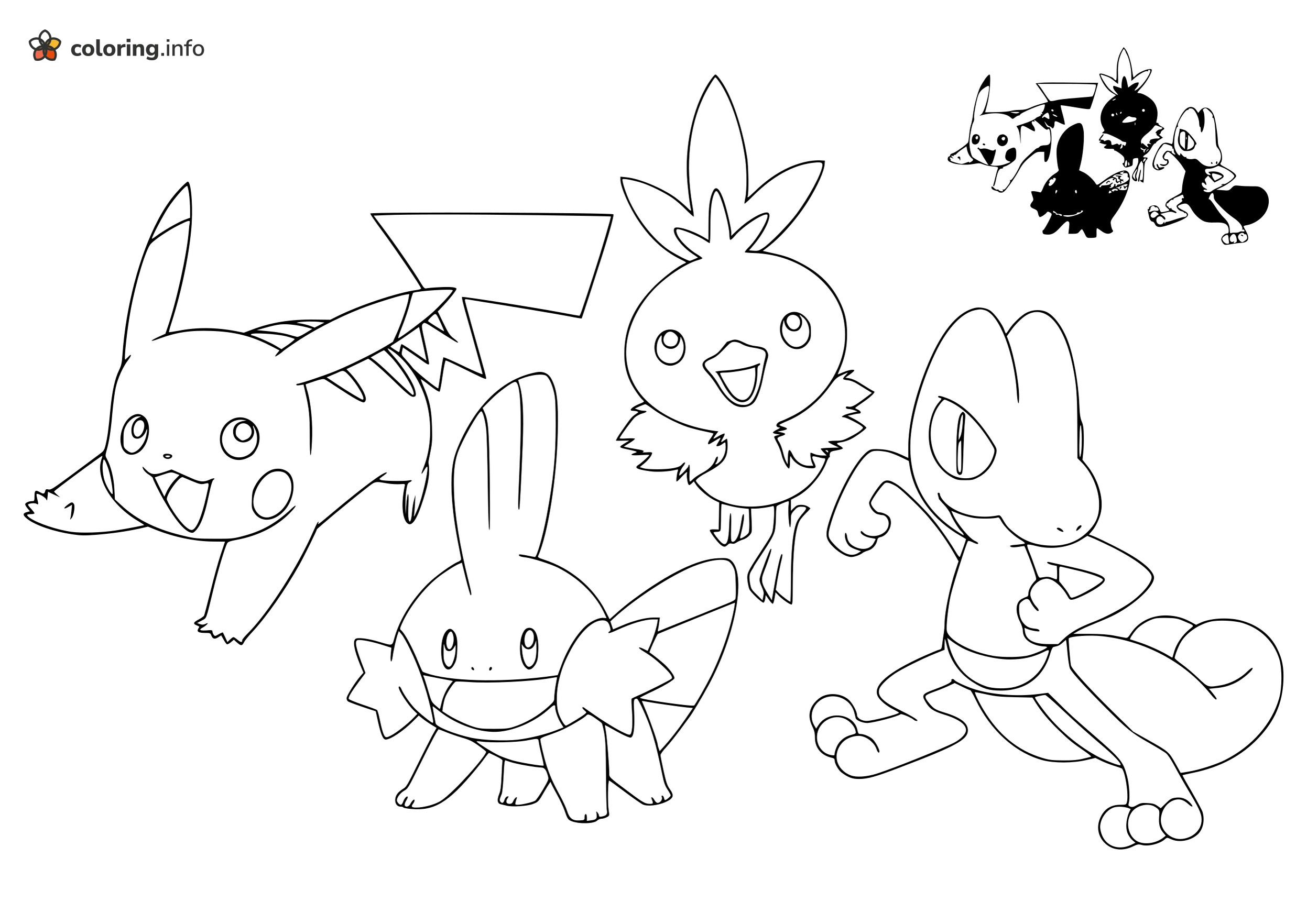 Torchic, Mudkip, Treecko and Pikachu Together coloring sheet Torchic, Mudkip, Treecko and Pikachu Together coloring sheet