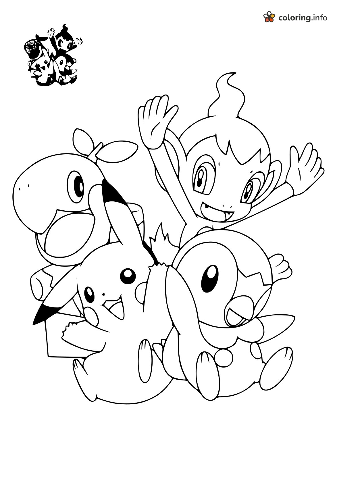 Pikachu Huddle With Turtwig, Chimchar and Piplup printable coloring page Pikachu Huddle With Turtwig, Chimchar and Piplup printable coloring page