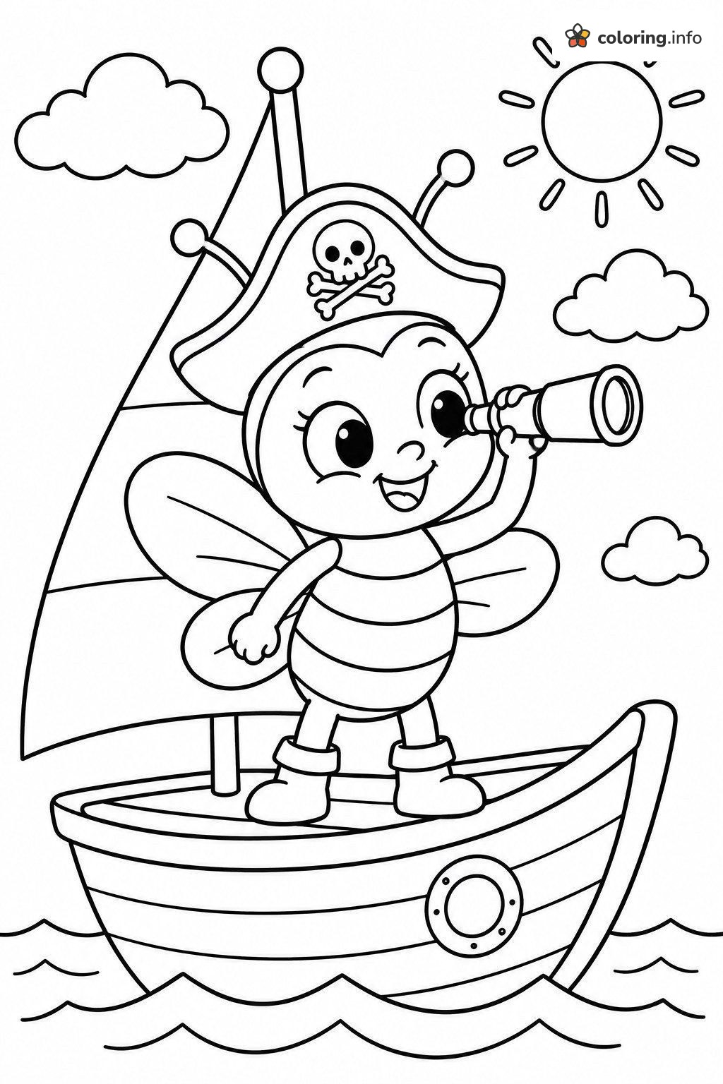 Pirate Bee With a Spyglass on a Sailboat coloring page Pirate Bee With a Spyglass on a Sailboat coloring page