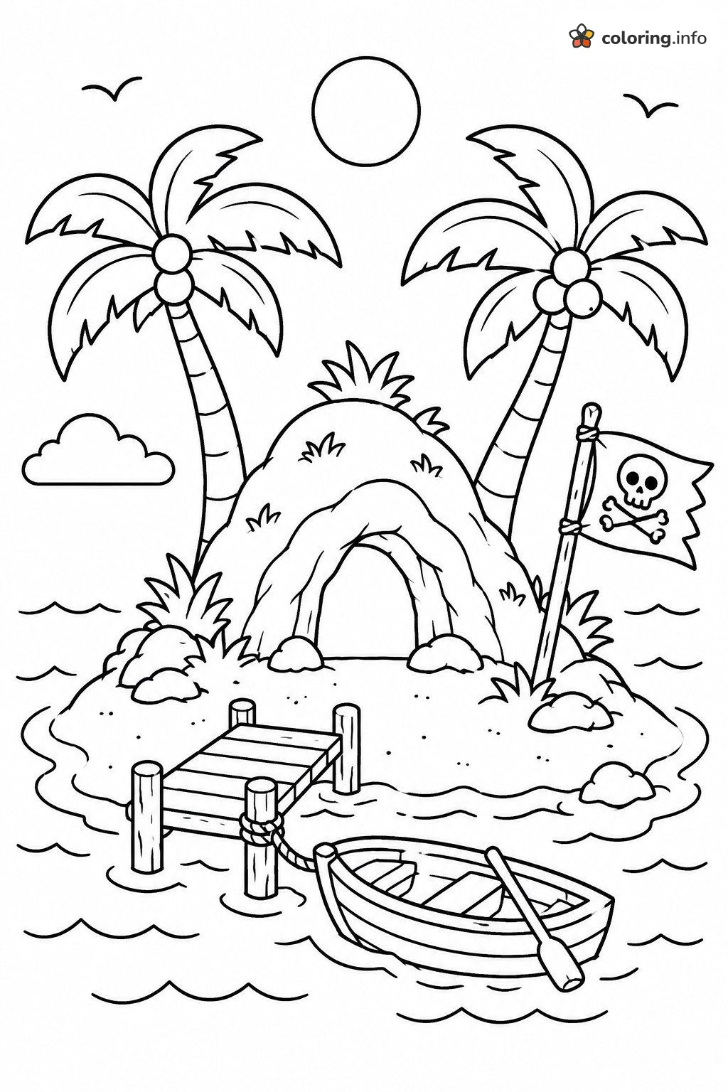 Tiny Pirate Island with Cave, Dock and Rowboat coloring page Tiny Pirate Island with Cave, Dock and Rowboat coloring page