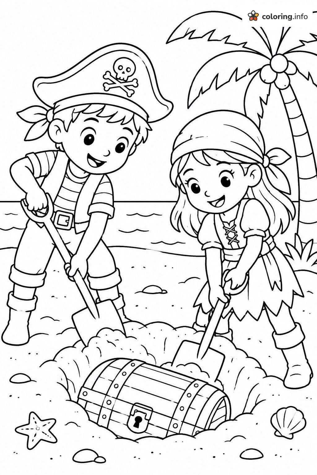 Two Pirate Kids Digging Up a Beach Treasure Chest coloring page Two Pirate Kids Digging Up a Beach Treasure Chest coloring page