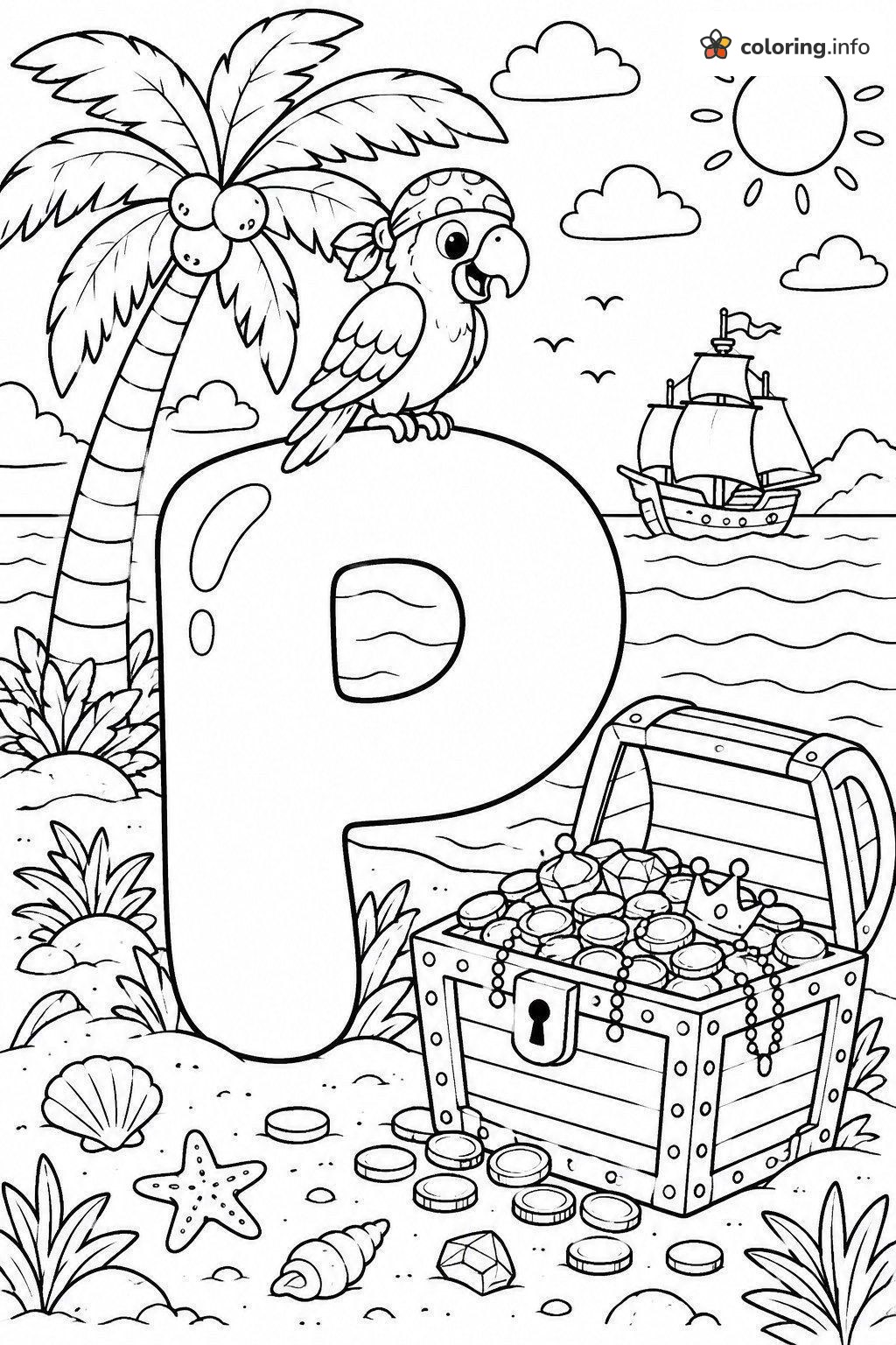 Pirate Parrot Bubble Letter P on a Treasure Beach coloring page Pirate Parrot Bubble Letter P on a Treasure Beach coloring page
