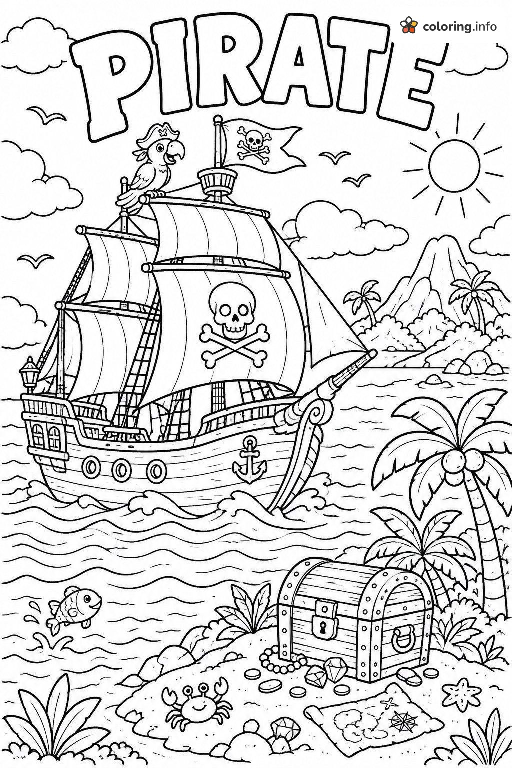 Treasure Island Scene with the Word PIRATE coloring page Treasure Island Scene with the Word PIRATE coloring page