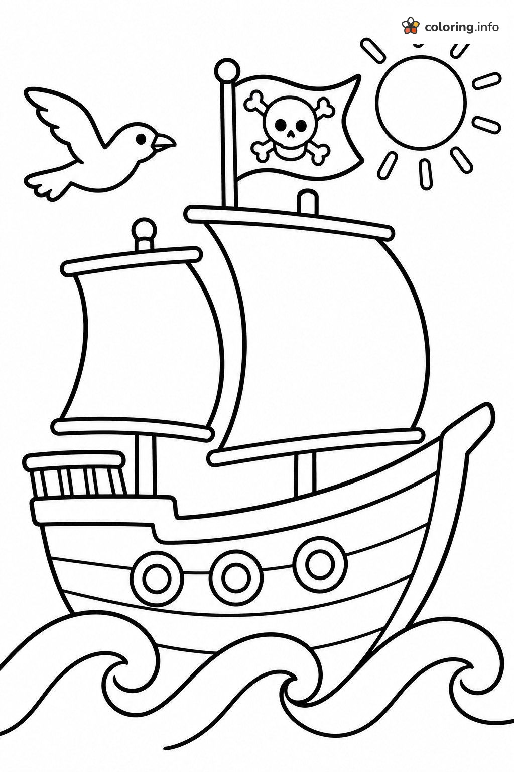 Little Pirate Ship Sailing Past a Seagull and Sun coloring page Little Pirate Ship Sailing Past a Seagull and Sun coloring page
