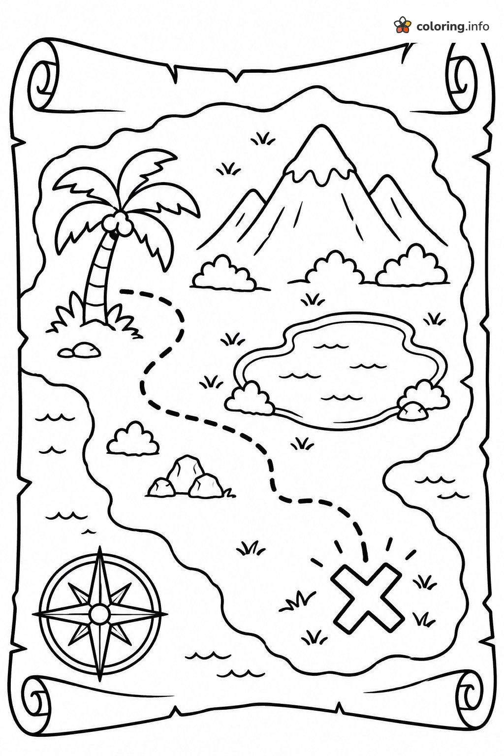 Rolled-Up Pirate Map with Palm Tree and a Big X coloring page Rolled-Up Pirate Map with Palm Tree and a Big X coloring page