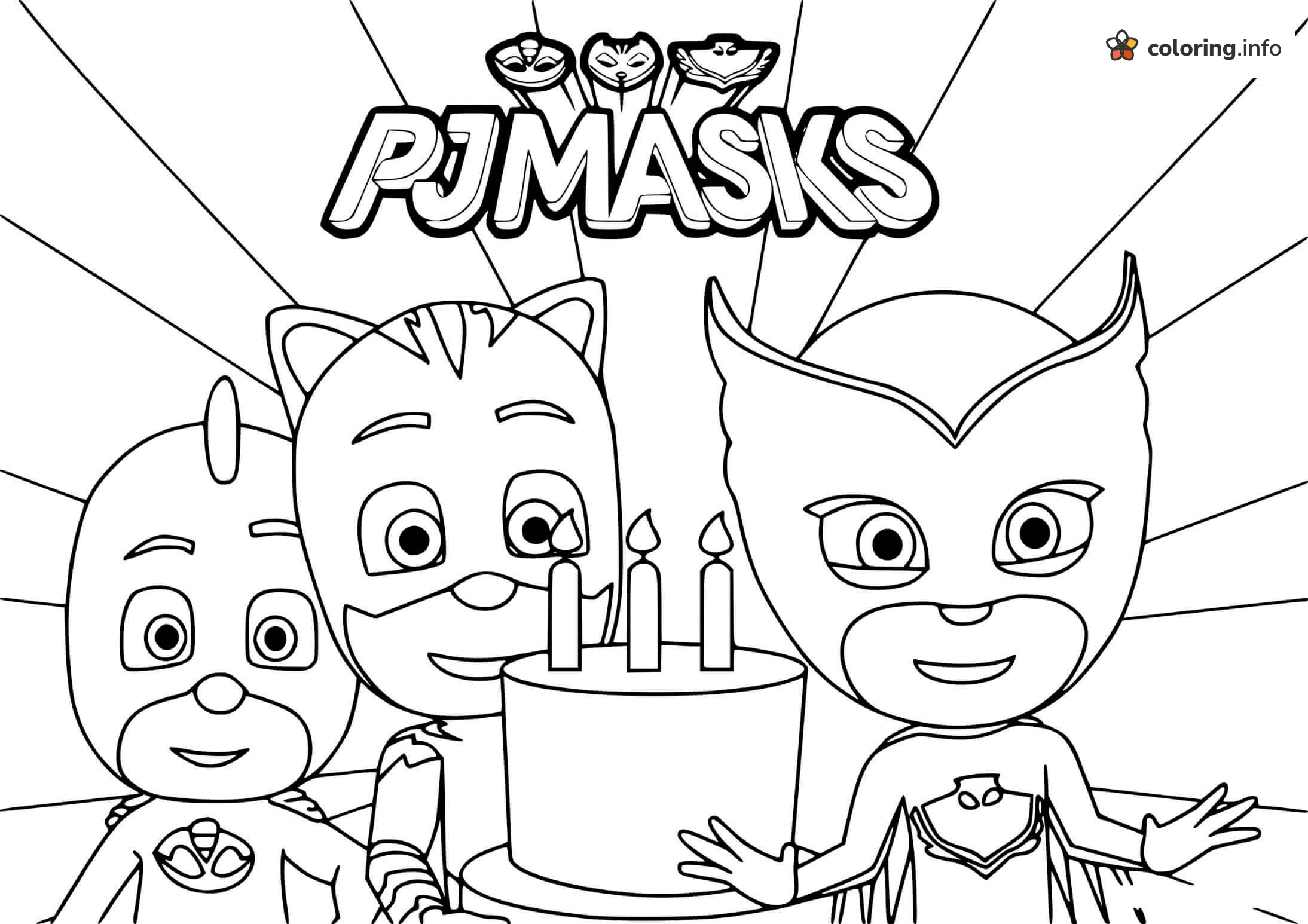 Birthday Cake Party With the PJ Masks Team coloring sheet Birthday Cake Party With the PJ Masks Team coloring sheet