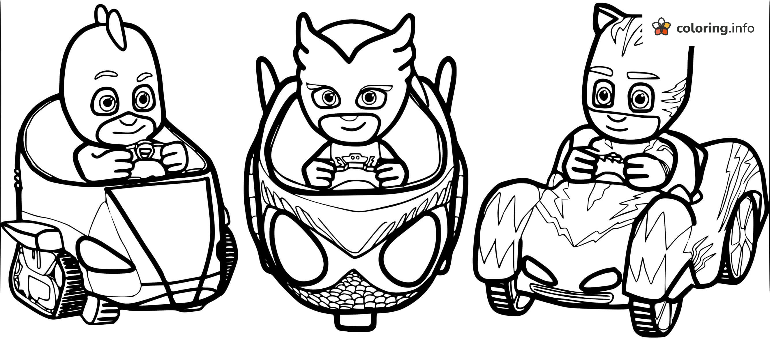 Gekko, Owlette and Catboy in Their PJ Masks Cars printable coloring page Gekko, Owlette and Catboy in Their PJ Masks Cars printable coloring page
