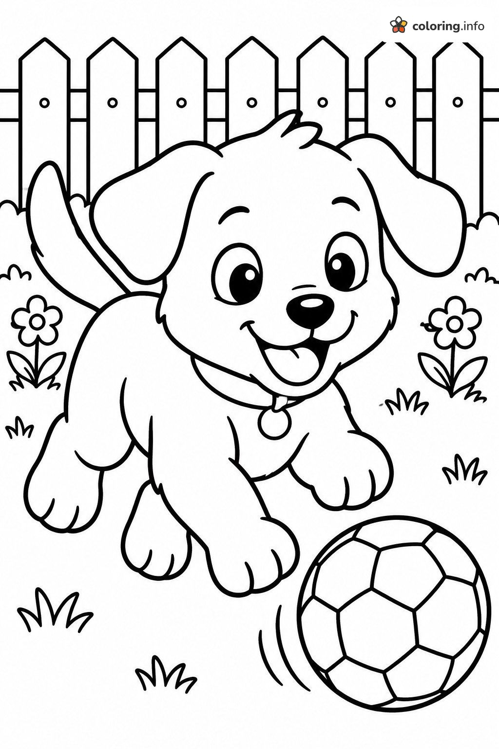 Puppy Chasing a Soccer Ball by the Fence printable coloring page Puppy Chasing a Soccer Ball by the Fence printable coloring page