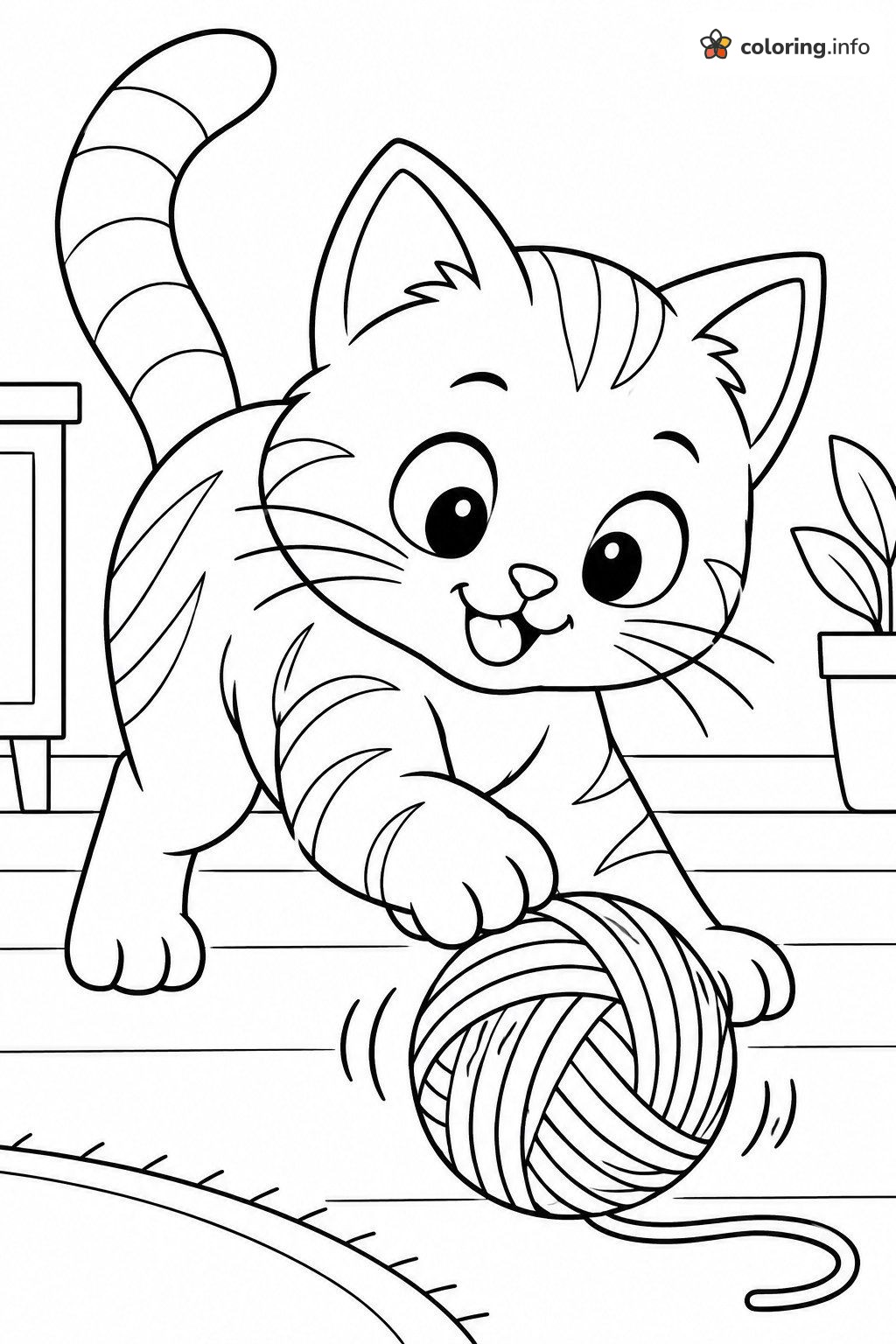 Cat Pouncing on a Ball of Yarn printable coloring page Cat Pouncing on a Ball of Yarn printable coloring page