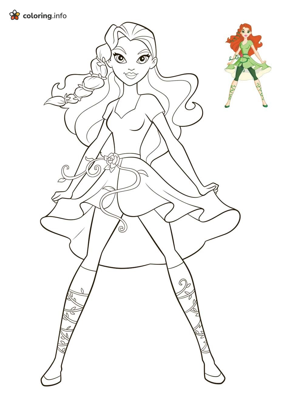 Printable DC Super Hero Girls Poison Ivy in a Vine Dress printable coloring page Printable DC Super Hero Girls Poison Ivy in a Vine Dress printable coloring page