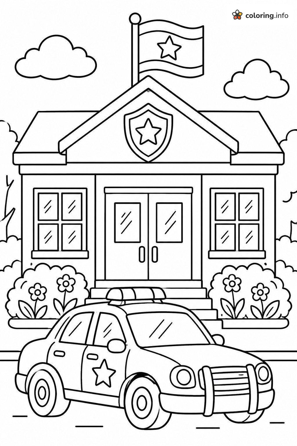 Outside the Station: Police Officer's Car and Station House coloring sheet Outside the Station: Police Officer's Car and Station House coloring sheet