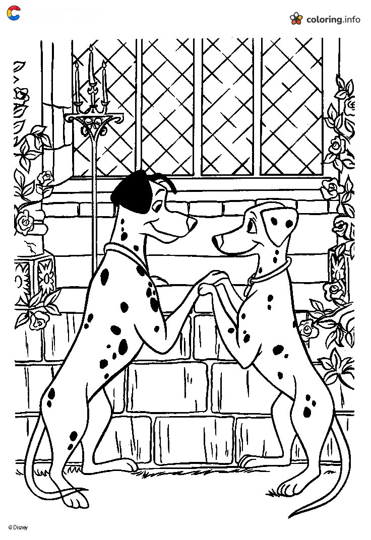 Pongo and Perdita Dancing Paw in Paw, 101 Dalmatians Rose Window Scene coloring page Pongo and Perdita Dancing Paw in Paw, 101 Dalmatians Rose Window Scene coloring page