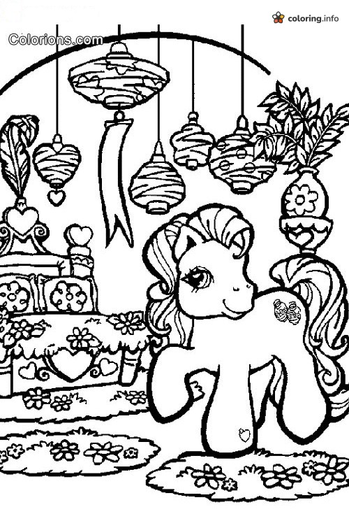 A Pony Strolls Past a Heart-Covered Bed, My Little Pony Bedroom coloring page A Pony Strolls Past a Heart-Covered Bed, My Little Pony Bedroom coloring page