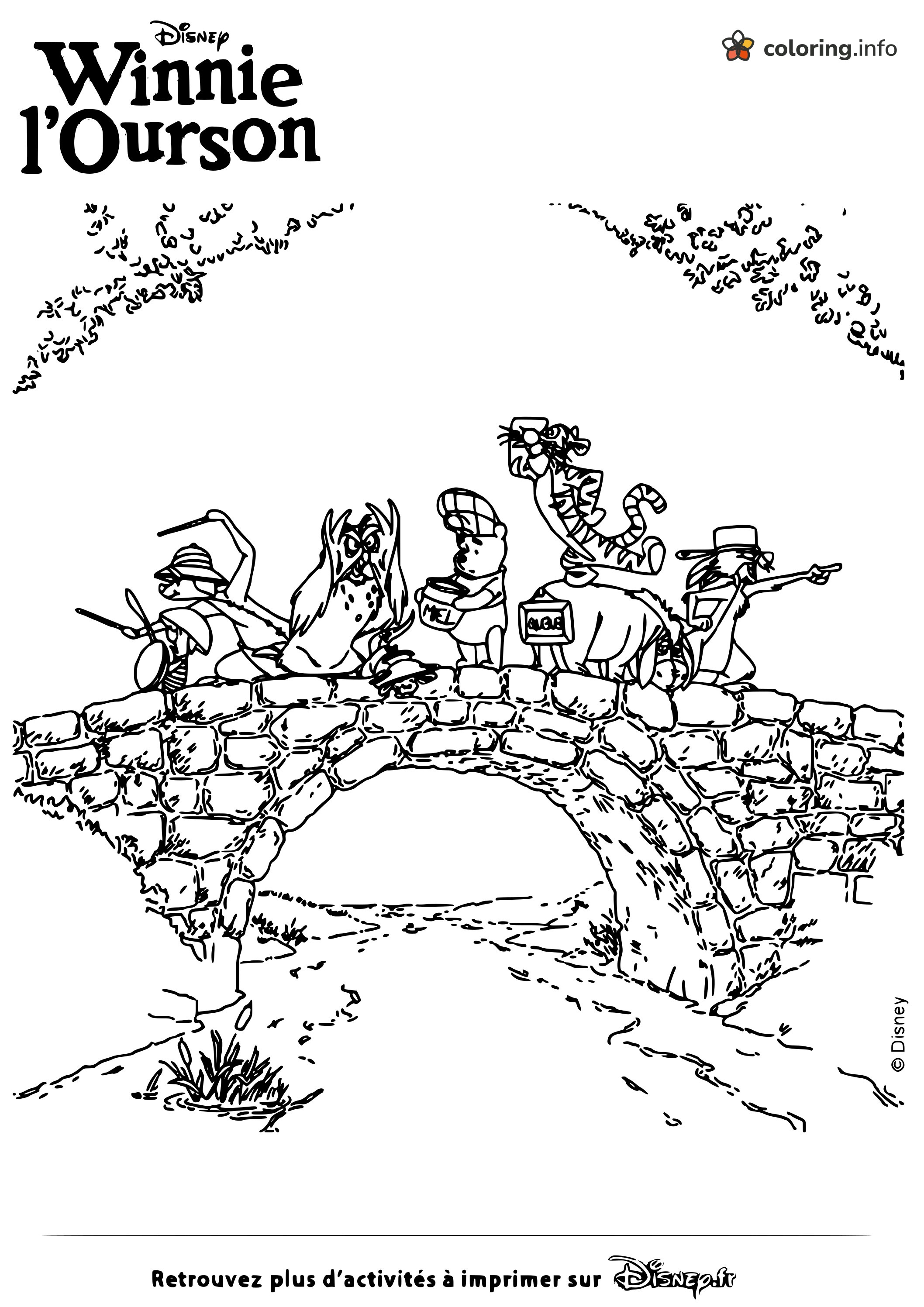 Stone Bridge Walk With Winnie the Pooh and Friends coloring page Stone Bridge Walk With Winnie the Pooh and Friends coloring page