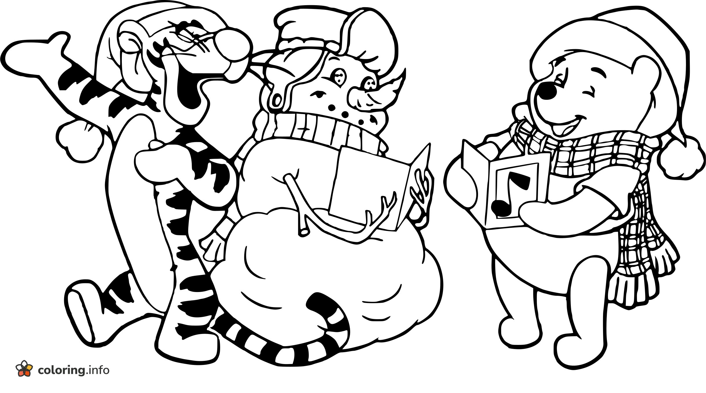Winnie the Pooh and Tigger Singing Christmas Carols with a Snowman printable coloring page Winnie the Pooh and Tigger Singing Christmas Carols with a Snowman printable coloring page