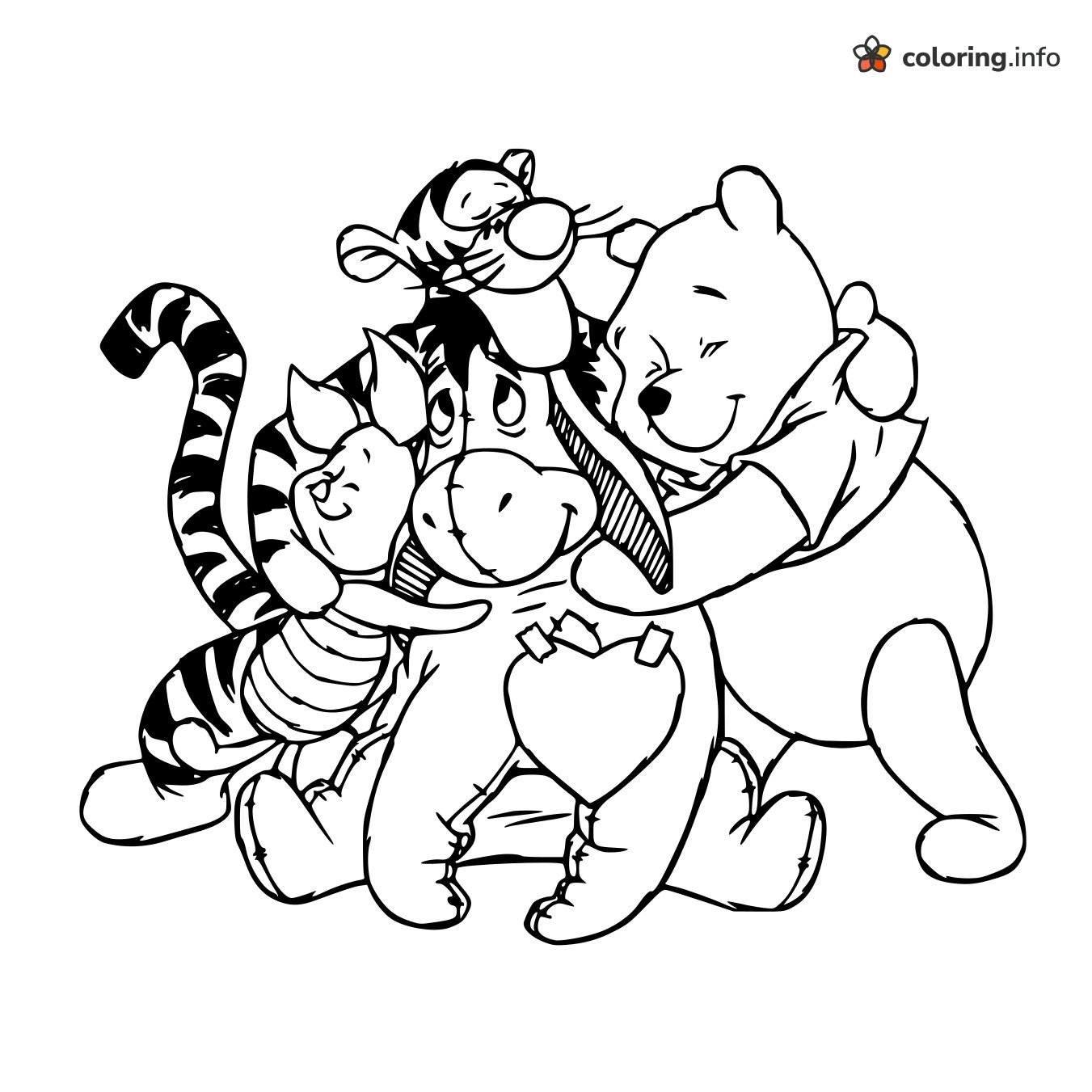 Hundred Acre Wood Hug: Winnie the Pooh, Eeyore, Tigger and Piglet coloring page Hundred Acre Wood Hug: Winnie the Pooh, Eeyore, Tigger and Piglet coloring page