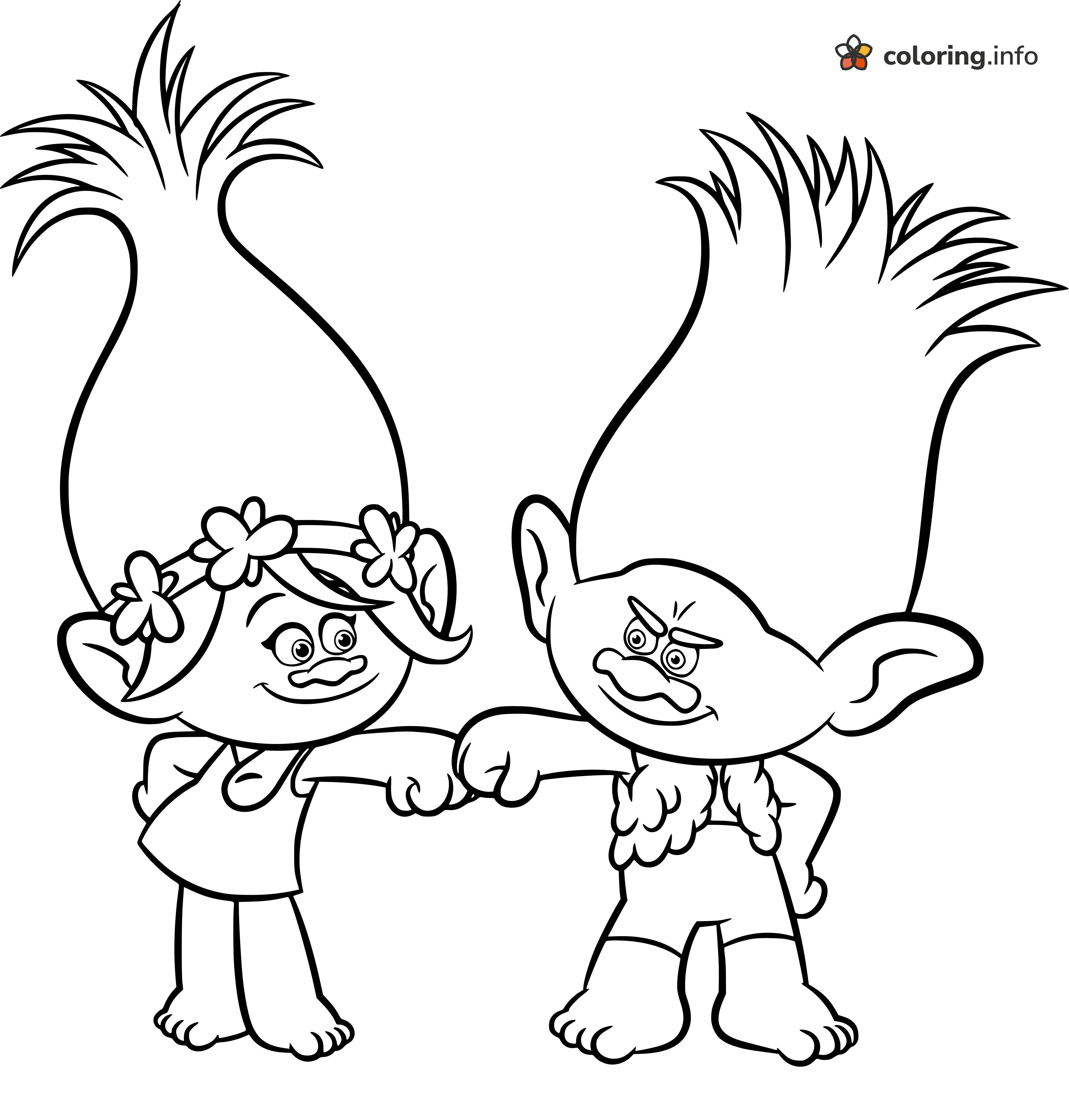 Fist Bump Between Poppy and Branch, Trolls World Tour coloring sheet Fist Bump Between Poppy and Branch, Trolls World Tour coloring sheet