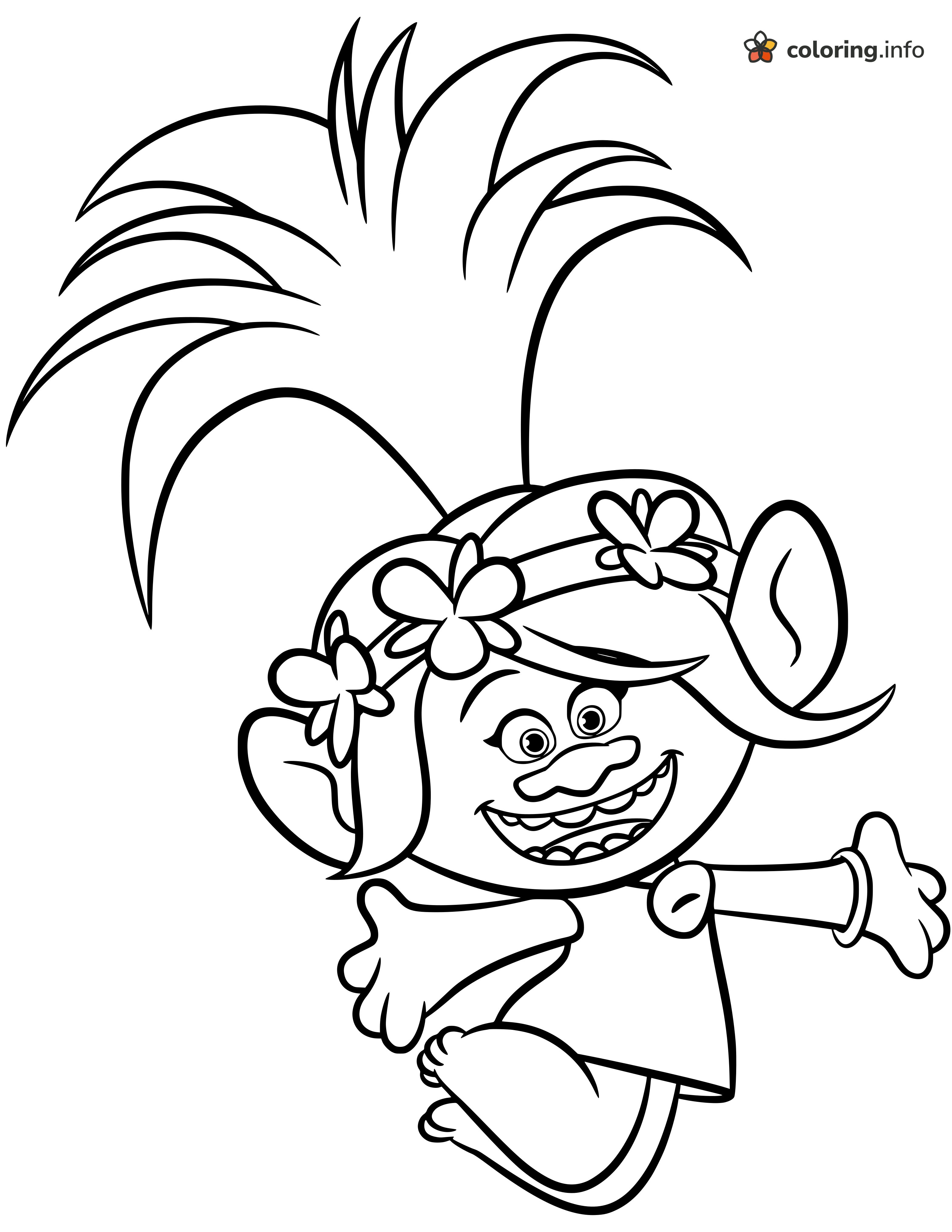 Poppy's Big Jump With Flower Headband, Trolls World Tour printable coloring page Poppy's Big Jump With Flower Headband, Trolls World Tour printable coloring page
