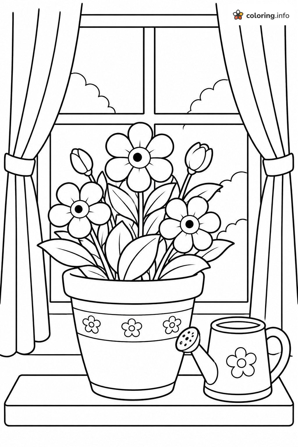 Windowsill Pot of Flowers Next to a Watering Can printable coloring page Windowsill Pot of Flowers Next to a Watering Can printable coloring page