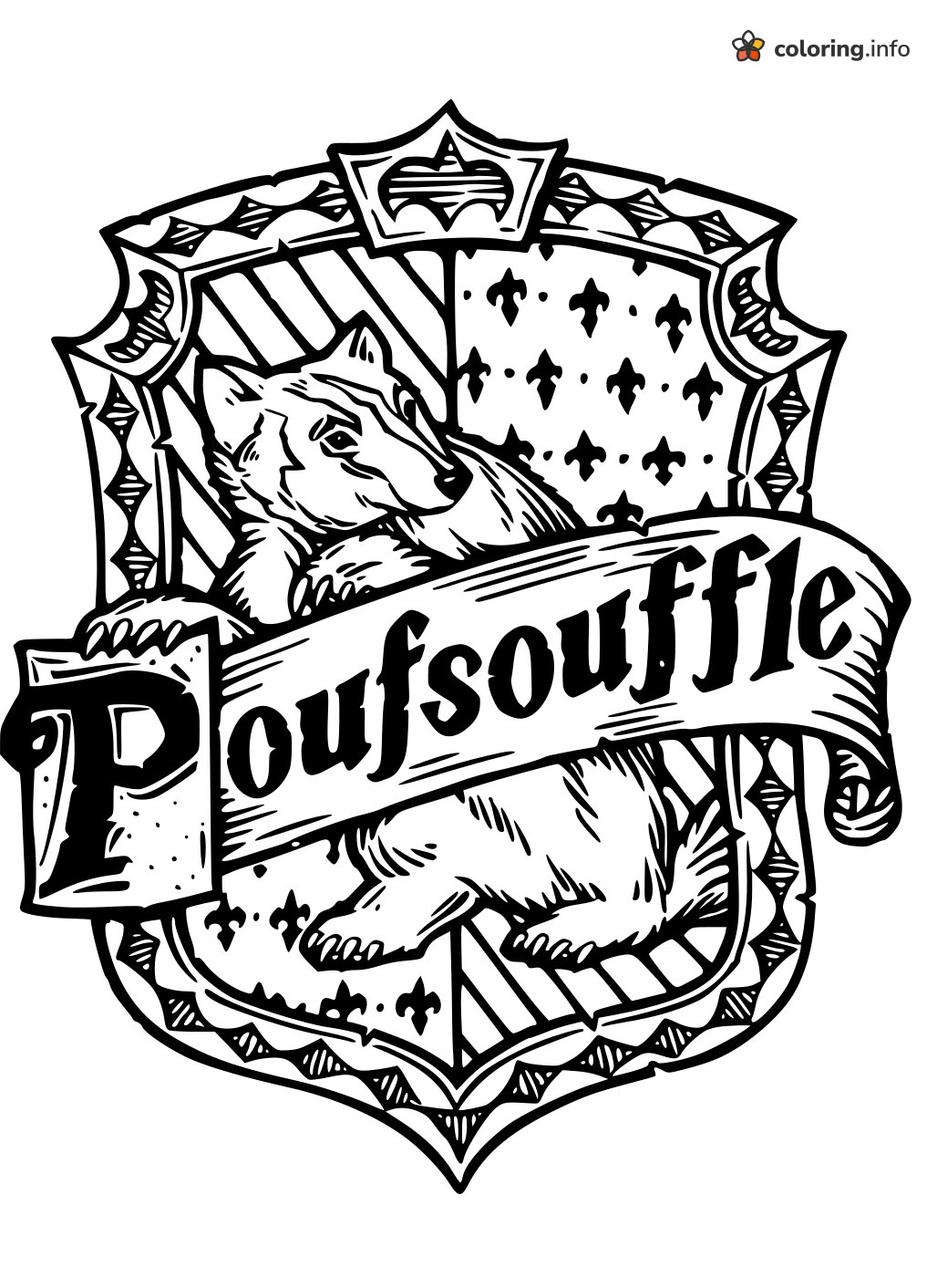 Poufsouffle Badger Banner Crest, Harry Potter Printable coloring page Poufsouffle Badger Banner Crest, Harry Potter Printable coloring page
