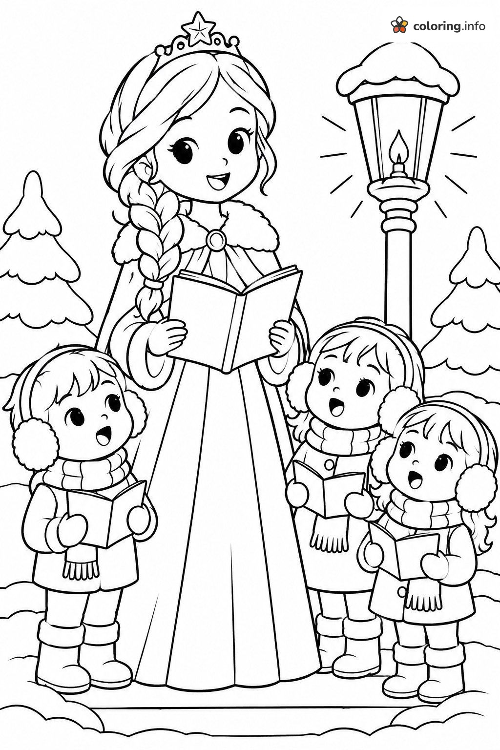 Carol Singing Under the Lamppost, Princess Christmas coloring sheet Carol Singing Under the Lamppost, Princess Christmas coloring sheet
