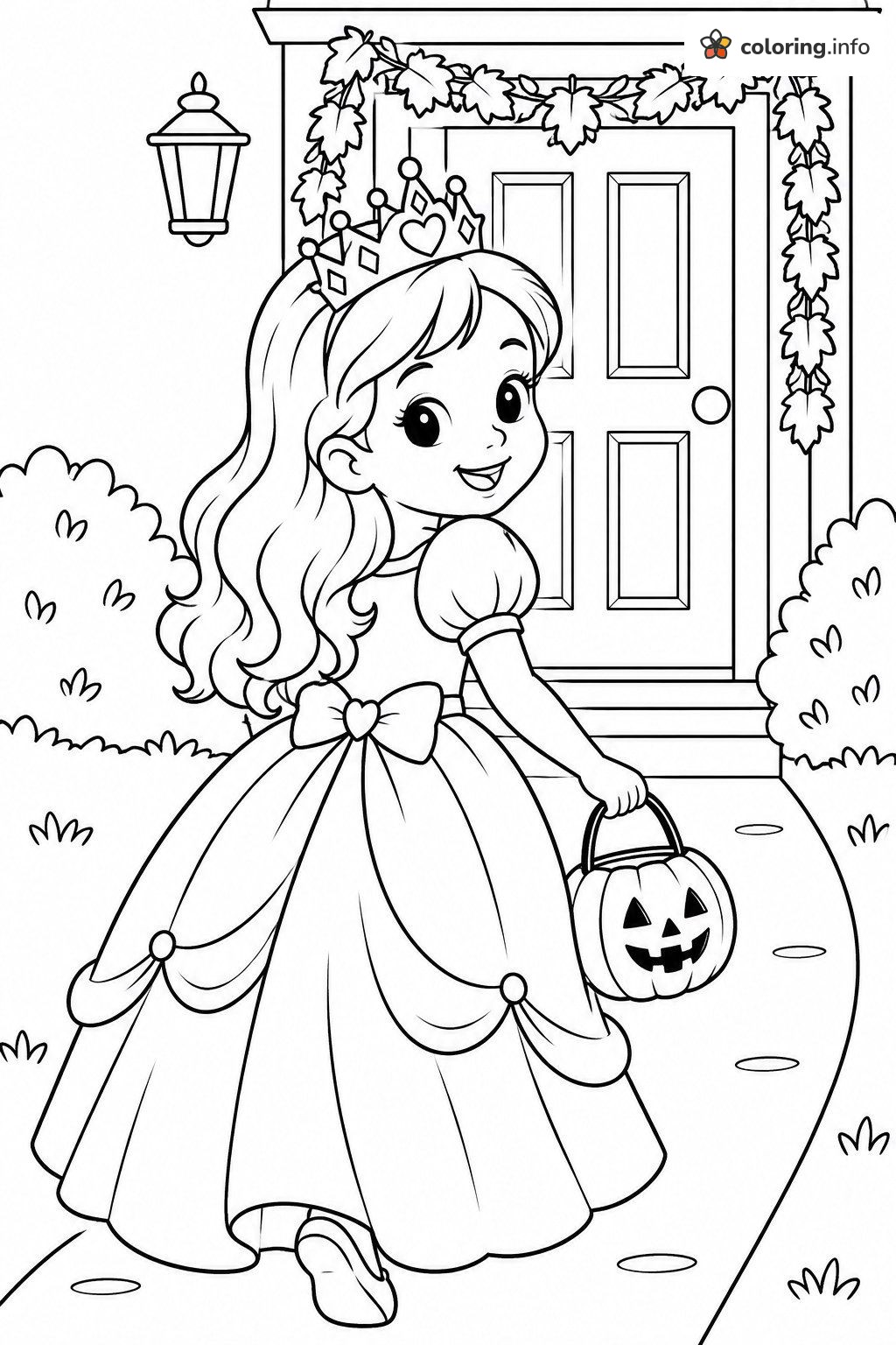 Princess Halloween Costume Girl Walking Up to the Front Door coloring sheet Princess Halloween Costume Girl Walking Up to the Front Door coloring sheet