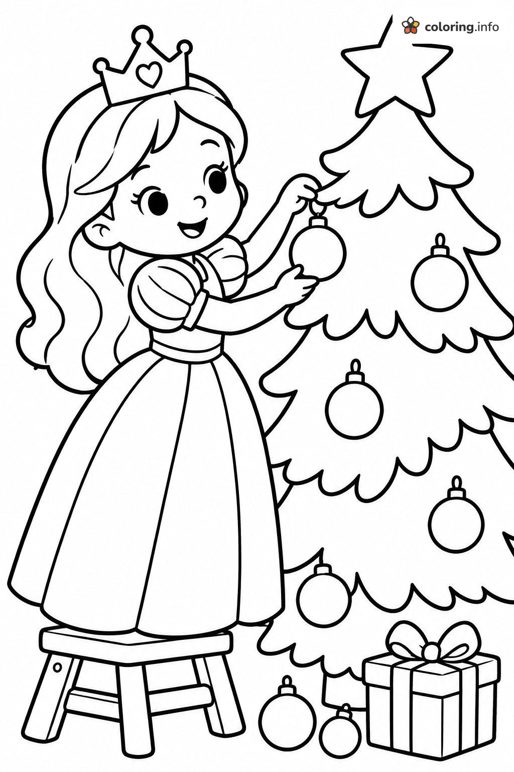 Decorating the Tree: Princess Christmas Stool Scene coloring page Decorating the Tree: Princess Christmas Stool Scene coloring page