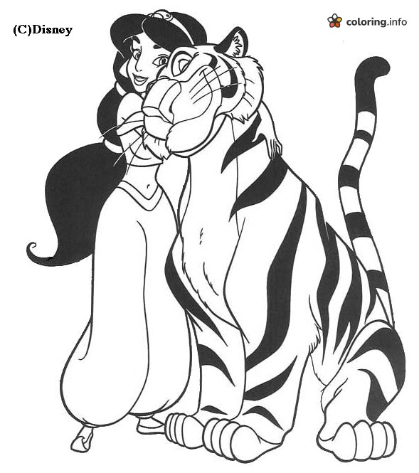 Aladdin's Jasmine Hugging Rajah the Tiger coloring page Aladdin's Jasmine Hugging Rajah the Tiger coloring page