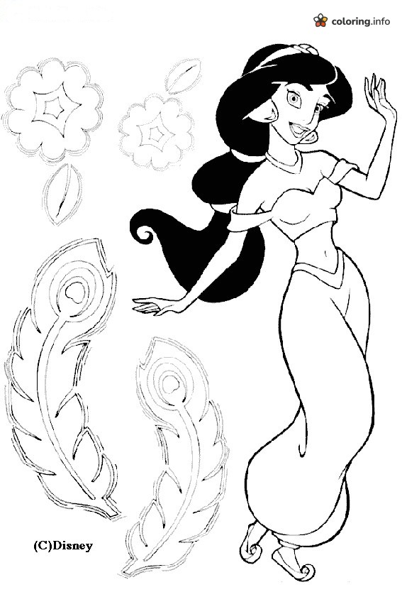 Twirling Jasmine With Flowers and Feathers, Aladdin coloring page Twirling Jasmine With Flowers and Feathers, Aladdin coloring page