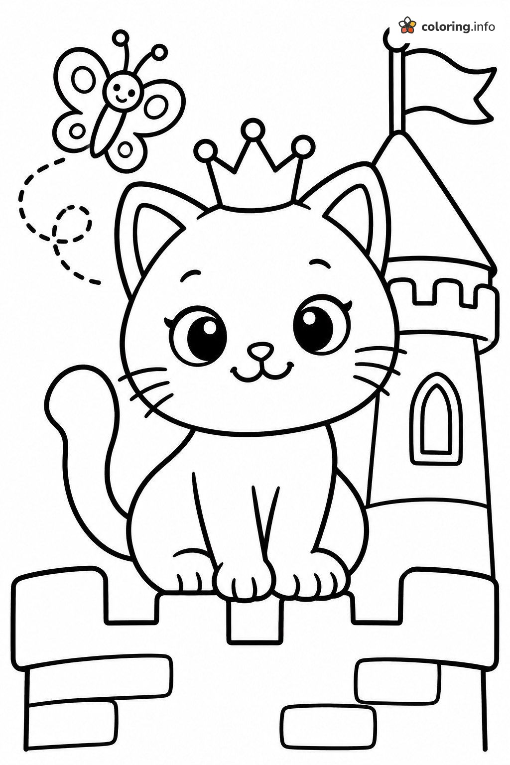 Crowned Kitten Sitting on a Castle Wall printable coloring page Crowned Kitten Sitting on a Castle Wall printable coloring page