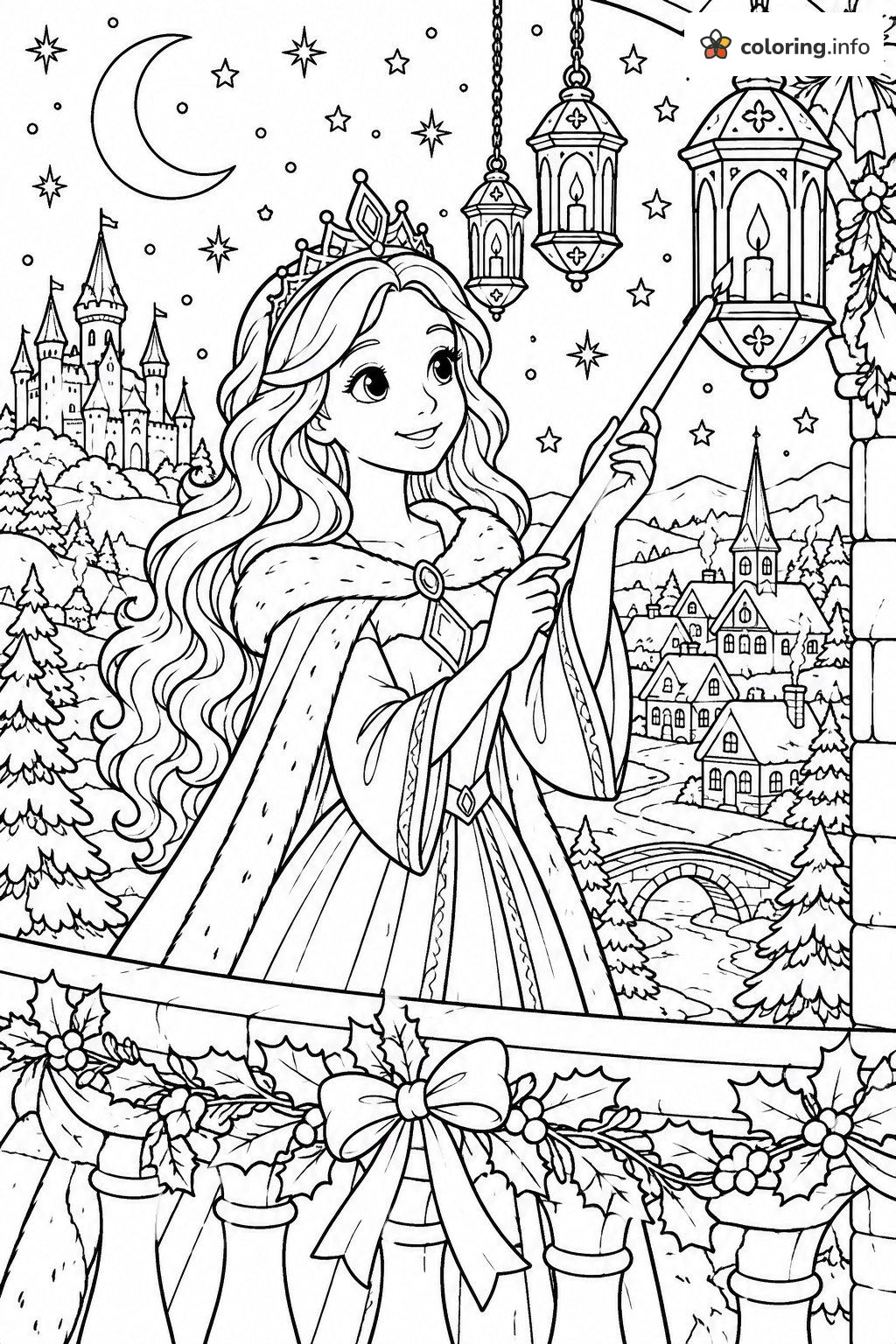 Lantern Lighting on a Snowy Princess Christmas Balcony coloring page Lantern Lighting on a Snowy Princess Christmas Balcony coloring page
