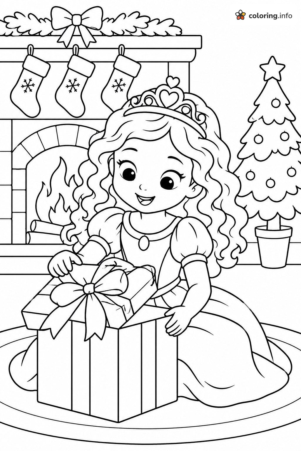 Opening a Gift by the Fire, Princess Christmas coloring page Opening a Gift by the Fire, Princess Christmas coloring page