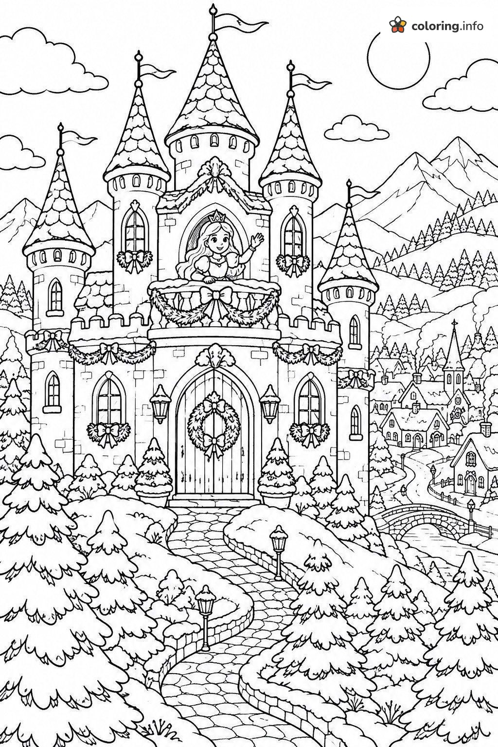 Waving from the Castle Balcony: Princess Christmas Printable printable coloring page Waving from the Castle Balcony: Princess Christmas Printable printable coloring page