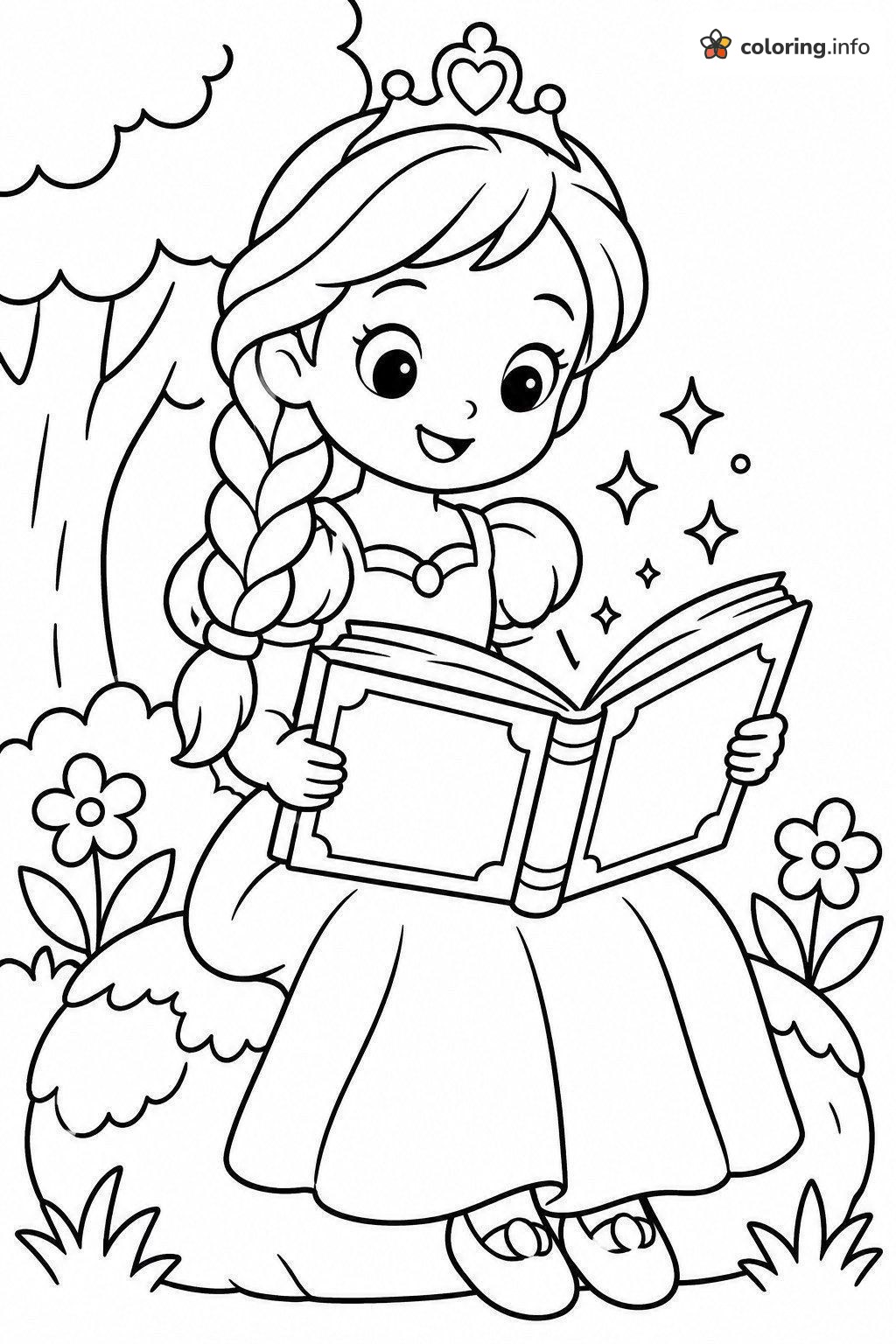Princess Reading a Magic Book by a Tree, Ever After High Printable coloring page Princess Reading a Magic Book by a Tree, Ever After High Printable coloring page