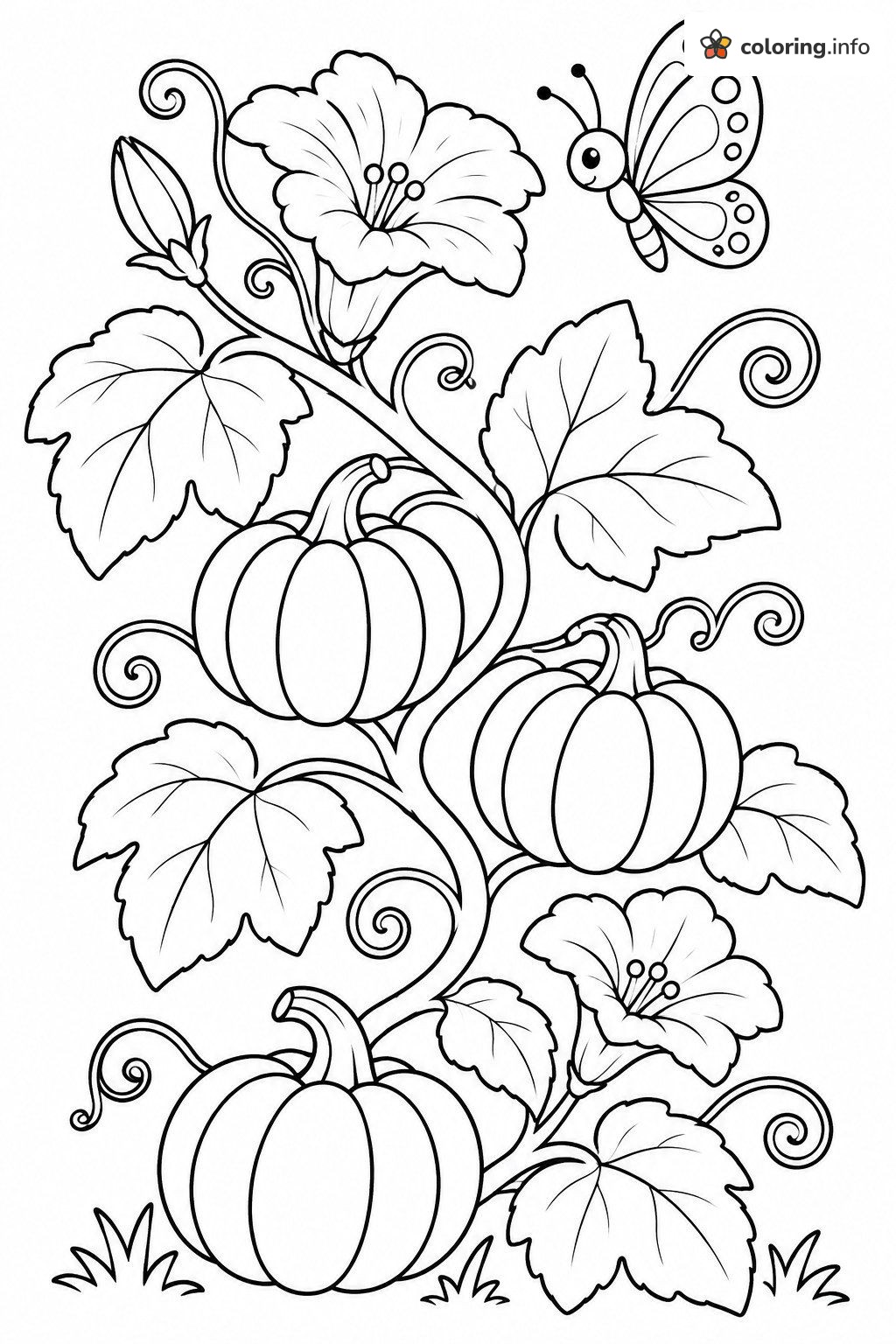 Butterfly and Blossoms on a Pumpkin Vine coloring page Butterfly and Blossoms on a Pumpkin Vine coloring page
