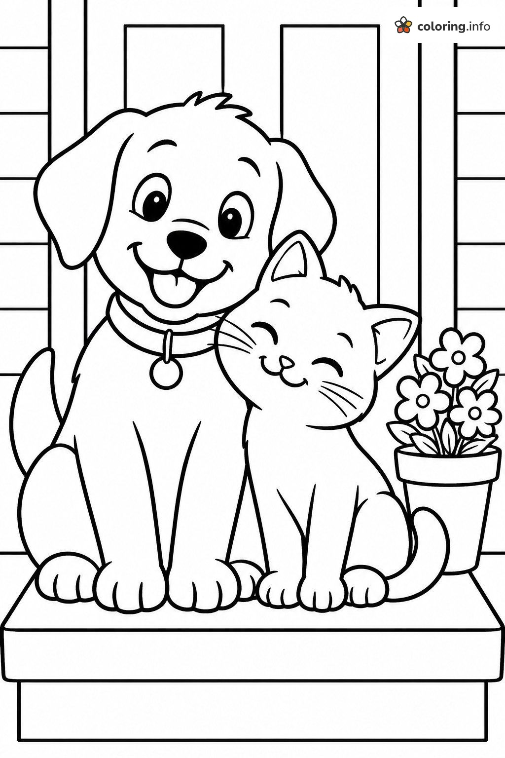 Puppy and Kitten Friendship Pals by the Flower Pot printable coloring page Puppy and Kitten Friendship Pals by the Flower Pot printable coloring page