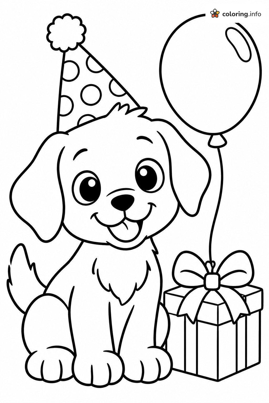Party Hat Puppy Beside a Tall Balloon and Gift Box coloring page Party Hat Puppy Beside a Tall Balloon and Gift Box coloring page