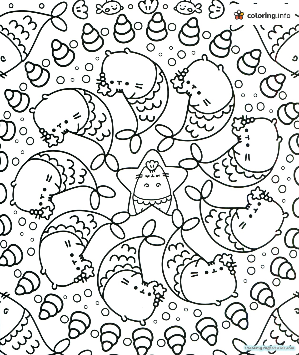 Star Center Surrounded by Pusheen Mermaid Cats coloring sheet Star Center Surrounded by Pusheen Mermaid Cats coloring sheet
