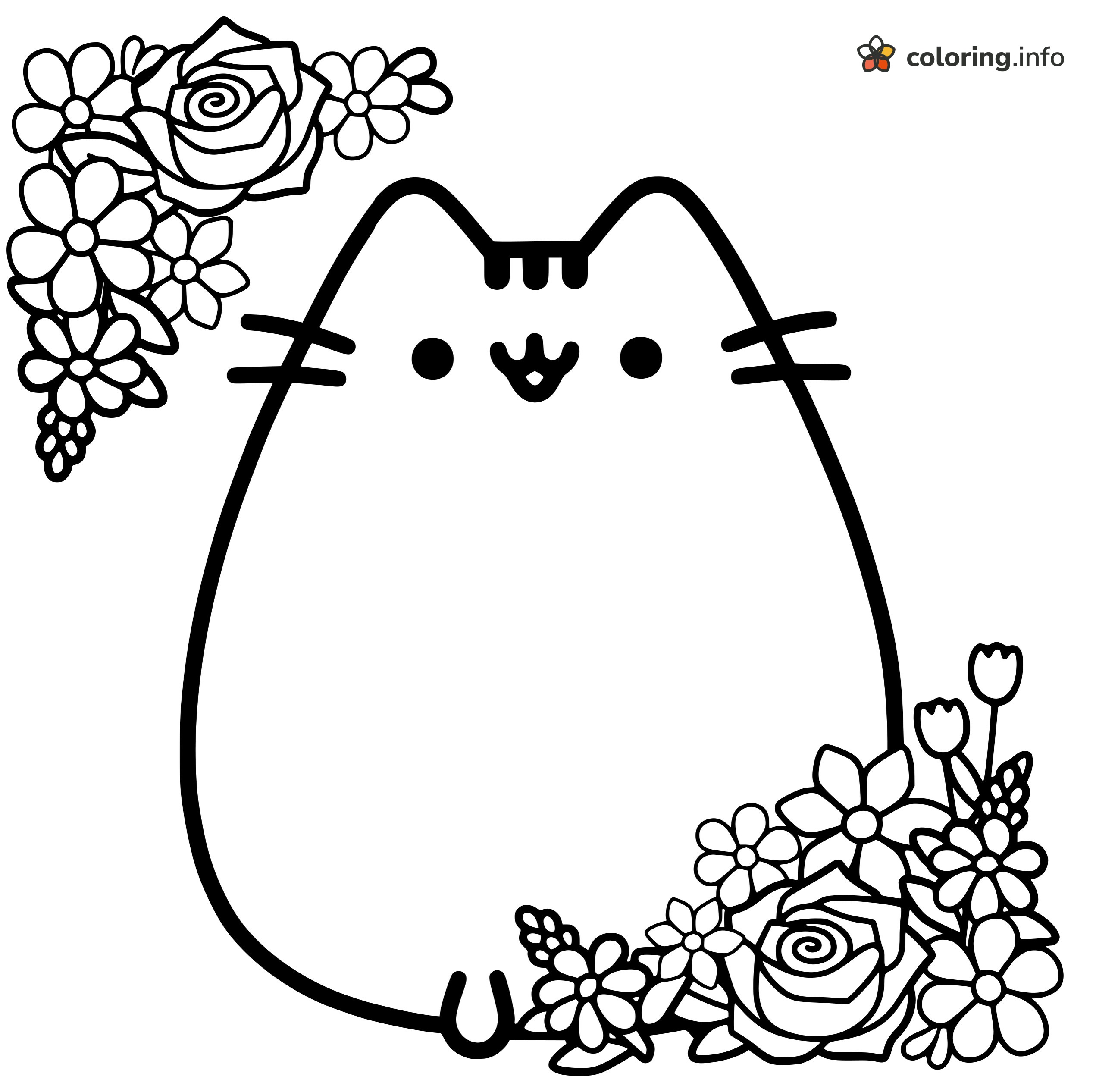 Pusheen in a Garden of Roses and Spring Flowers coloring page Pusheen in a Garden of Roses and Spring Flowers coloring page