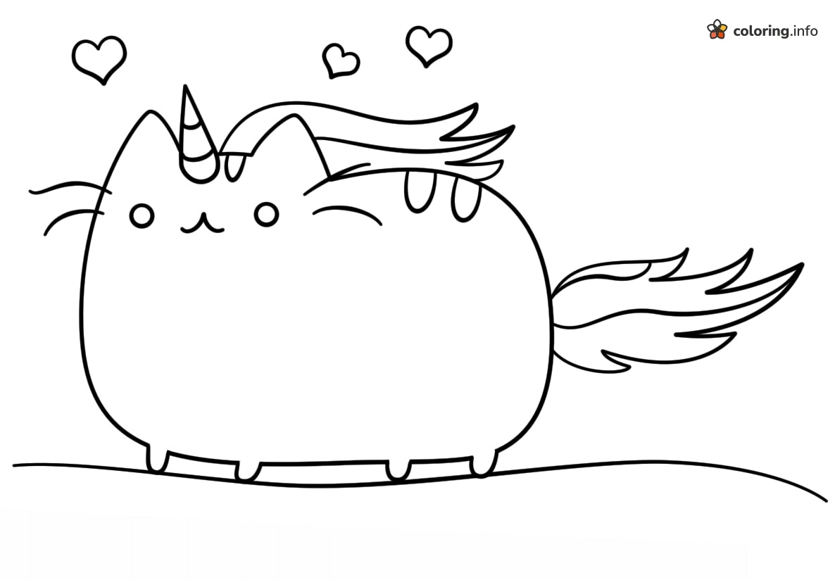 Flowing-Mane Unicorn Pusheen with Floating Hearts coloring page Flowing-Mane Unicorn Pusheen with Floating Hearts coloring page