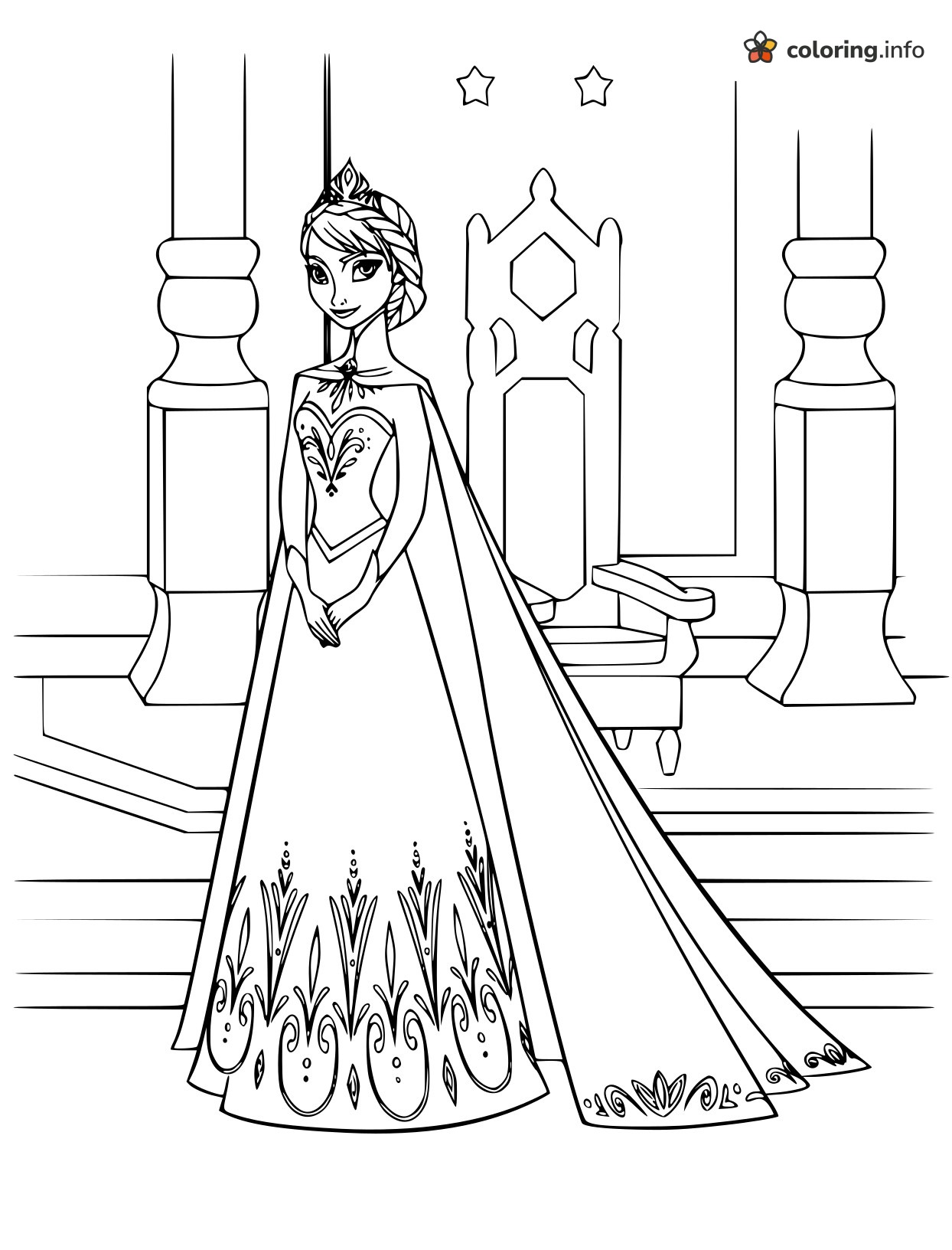 Queen Elsa in Her Coronation Gown by the Throne coloring page Queen Elsa in Her Coronation Gown by the Throne coloring page