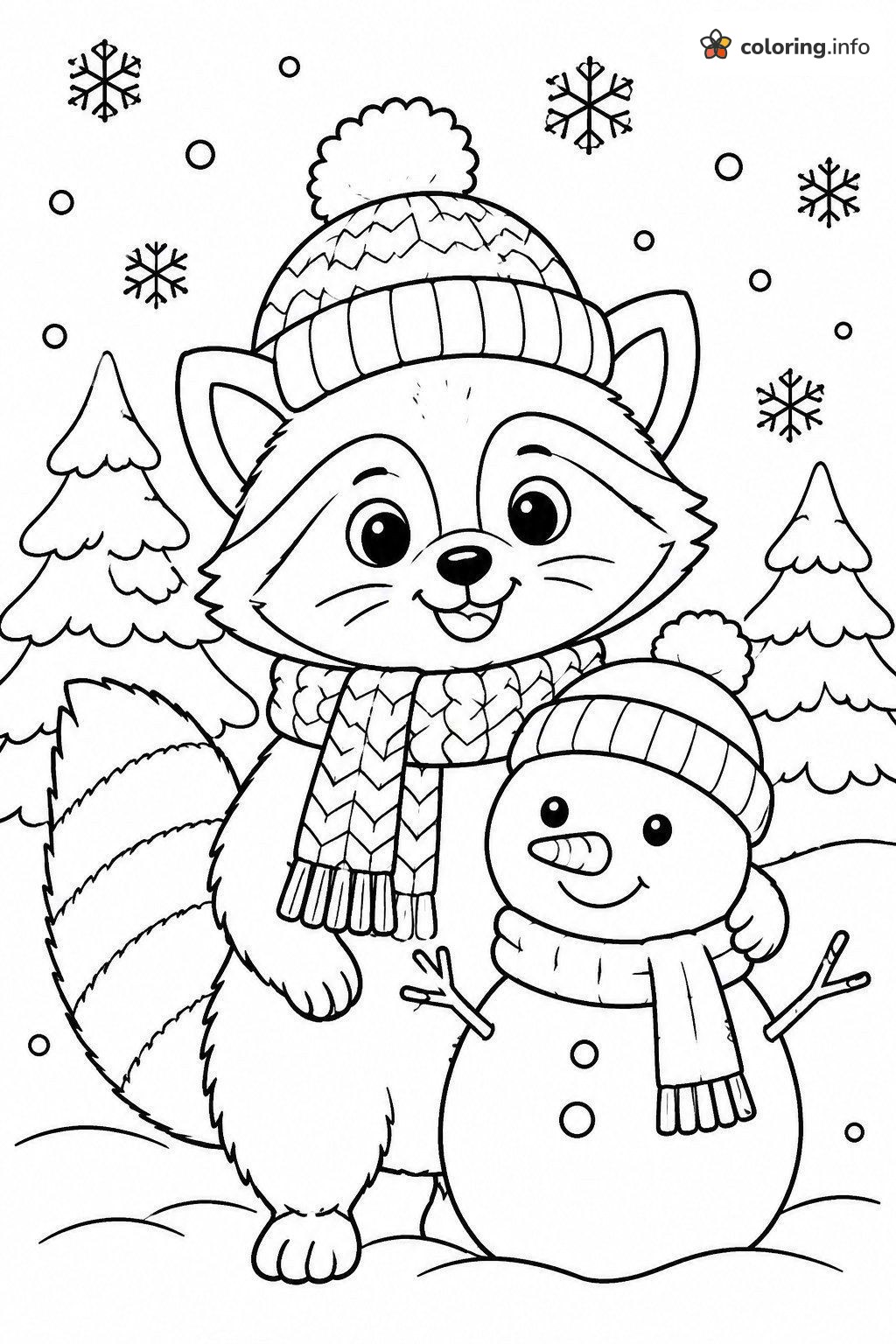 Winter Raccoon and Snowman Friends coloring page Winter Raccoon and Snowman Friends coloring page