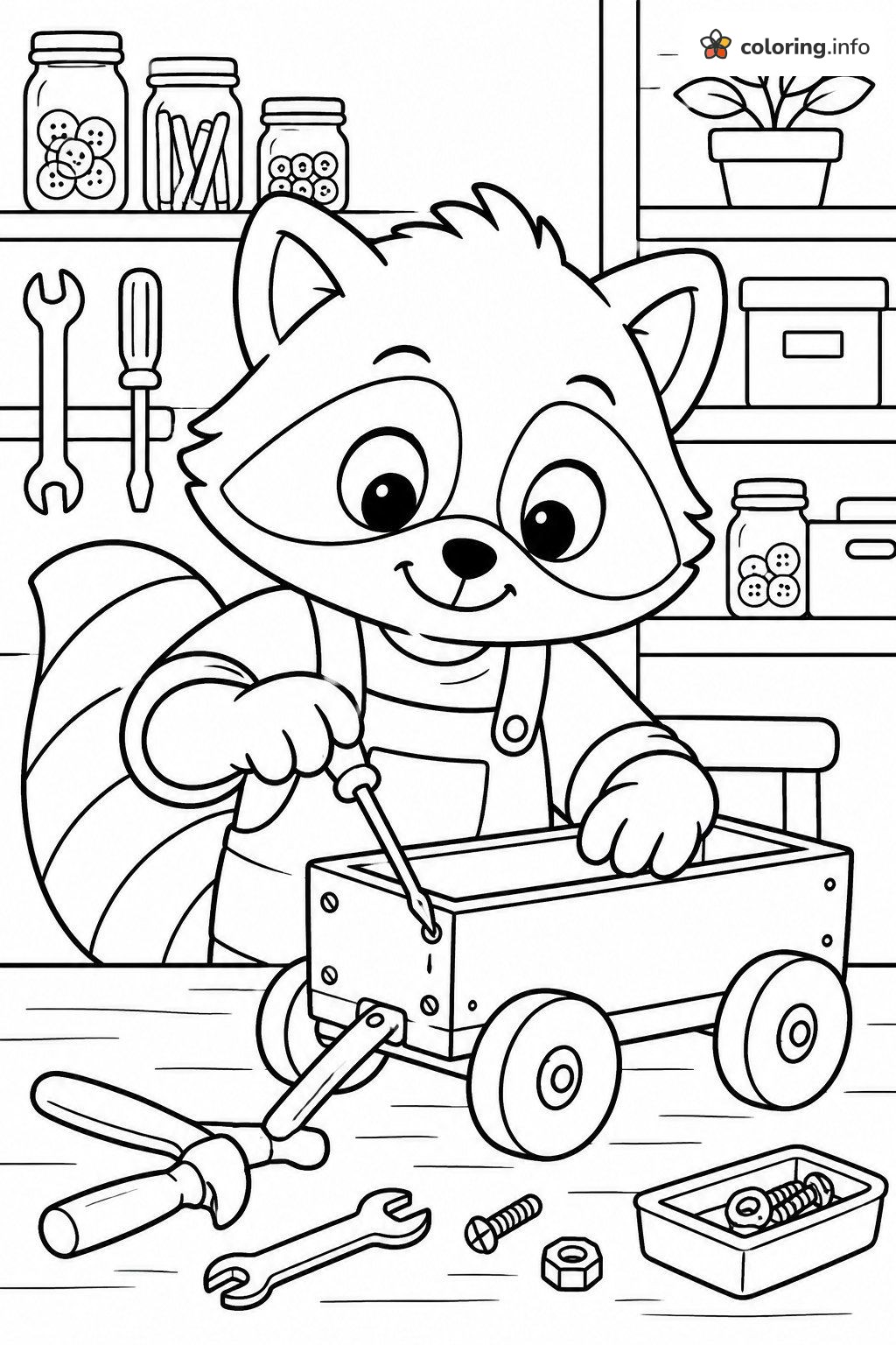 Workshop Raccoon Building a Toy Wagon, PAW Patrol Collection coloring page Workshop Raccoon Building a Toy Wagon, PAW Patrol Collection coloring page